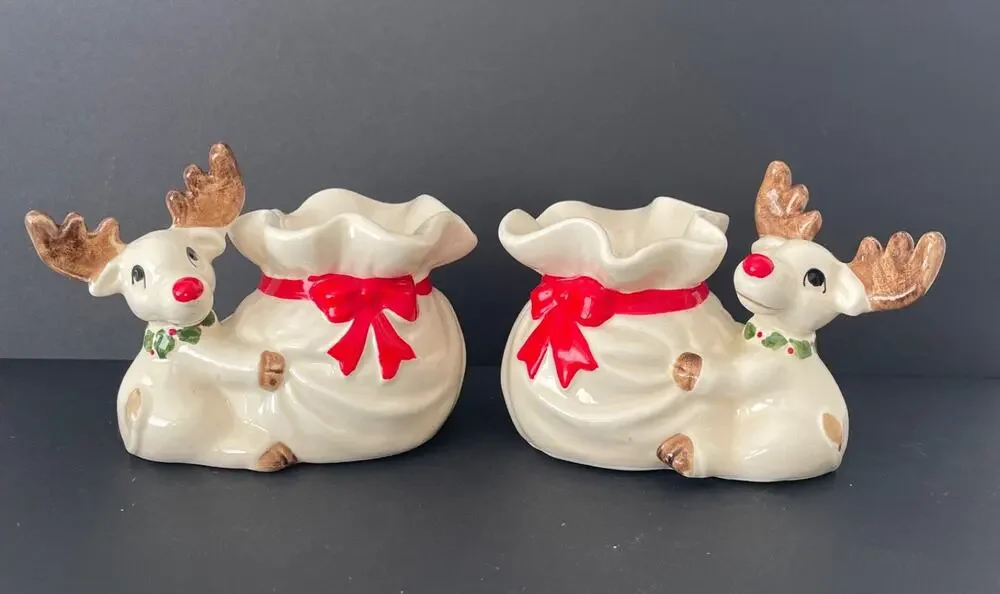 Vintage Christmas 1970s Fitz and Floyd Pr. Reindeer Candle Holders & Box Rudolph